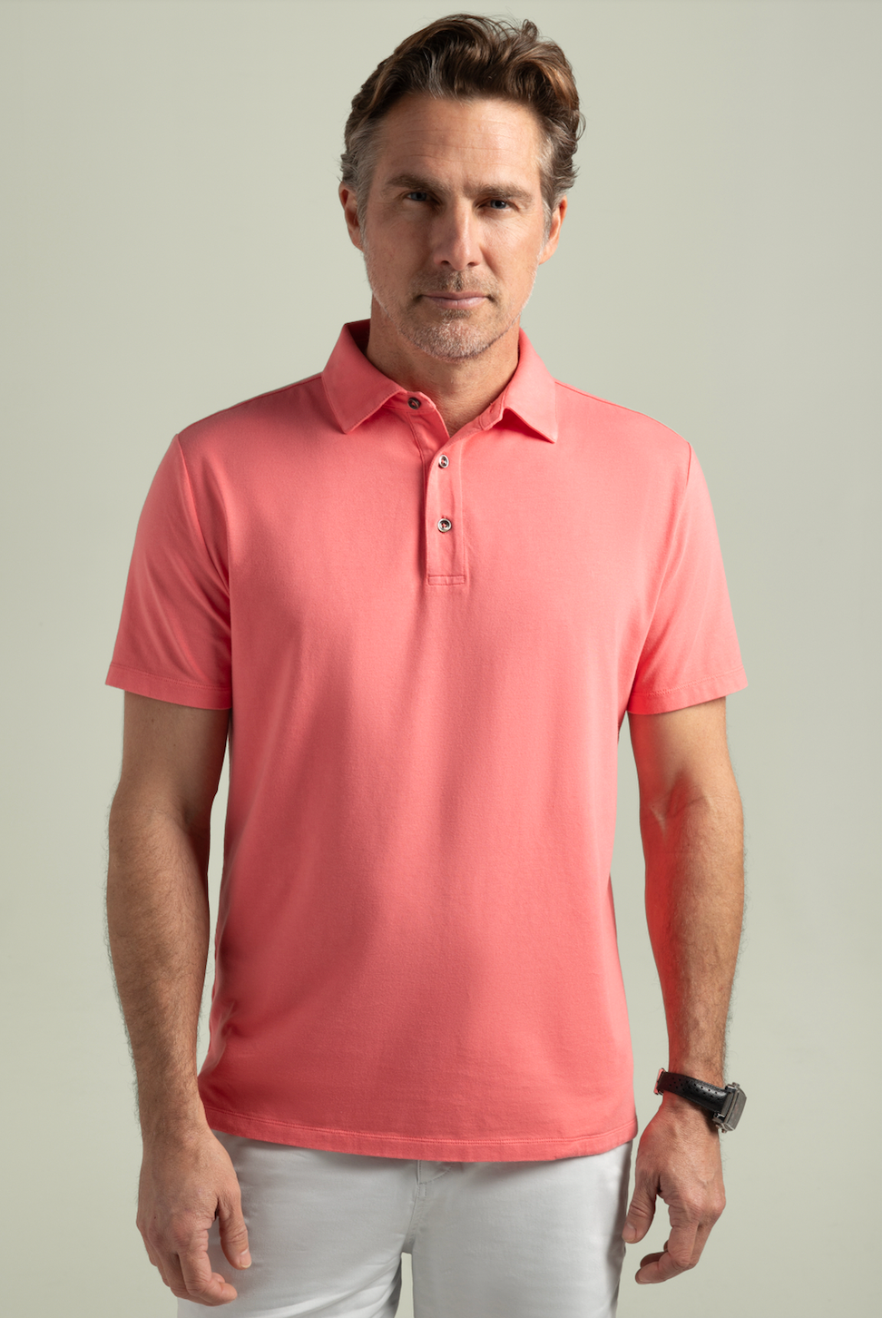 Pinehurst Classic Fit Jersey Polo in Cayenne, front view on model