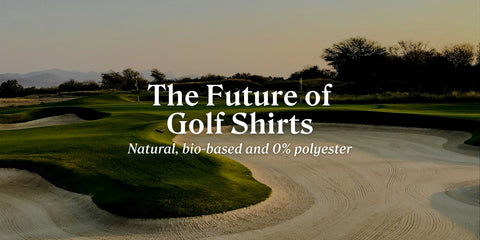The Future of Golf Shirts: natural, bio-based and 0% polyester. A golf green and sand bunker at sunset.